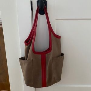 R&T Rough & Tumble, Maine Made, beige and red suede “Access Tote” purse